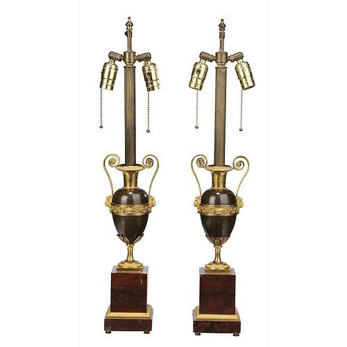 Pair Louis XVI Style Bronze Urns Mounted as Lamps