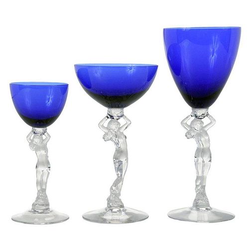30 Pieces Figural Stem Cobalt to Clear Glasses