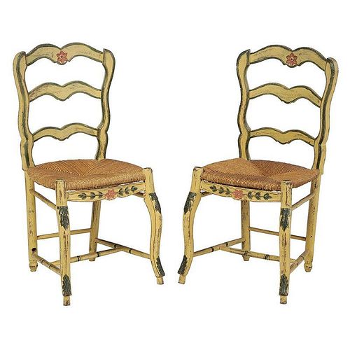 Pair French Provincial Rush Seat Side Chairs