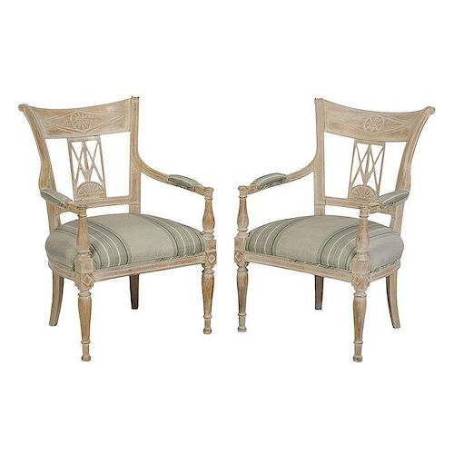 Pair Directoire Style Carved Open Arm Chairs