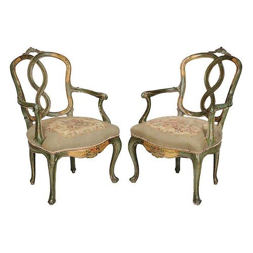 Pair Venetian Baroque Style Open Arm Chairs