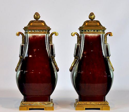 Important Pair Chinese Flambe Bronze Mounted Urns