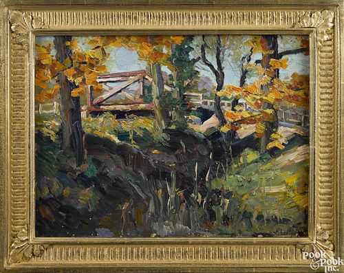 Richard Evett Bishop (American 1887-1975), oil on board, titled Landscape Near New Hope, signed