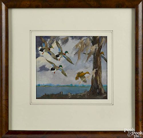 Richard Evett Bishop (American 1887-1975), oil on board landscape of flying mallards, unsigned, 5