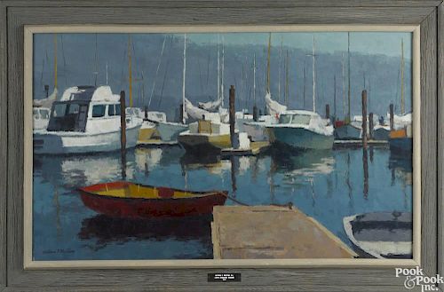 Antonio Pietro Martino (American 1902-1988), acrylic on canvas, titled Santa Barbara Harbor, sig