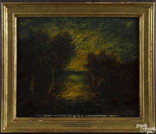 Ralph Albert Blakelock (American 1847-1919), oil on panel landscape, signed lower right, 9'' x 11''.