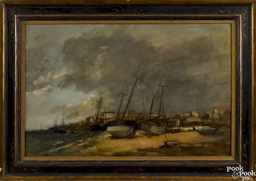 Seymour Remenick (American 1923-1999), oil on canvas coastal scene, signed lower right, 21'' x 32''.