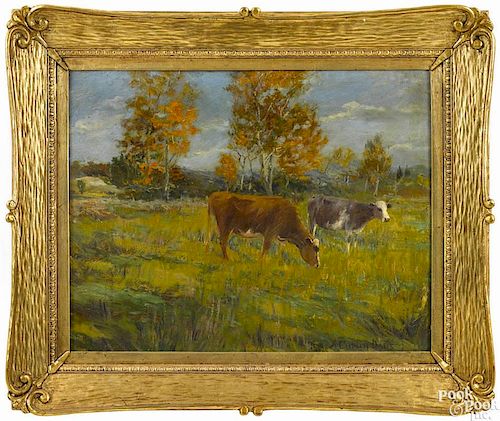 Andrew Curtain Davis (American 1853-1915), oil on board landscape with cows, signed lower right, 1