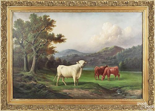 Edward A. Howell (American 1848-1924), oil on canvas landscape with cows, signed lower left and da