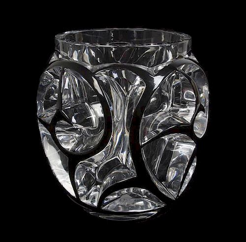 A Lalique Molded and Enameled Glass Vase, Height 8 1/2 inches.