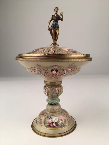 A Vienna enameled compote with cover.
