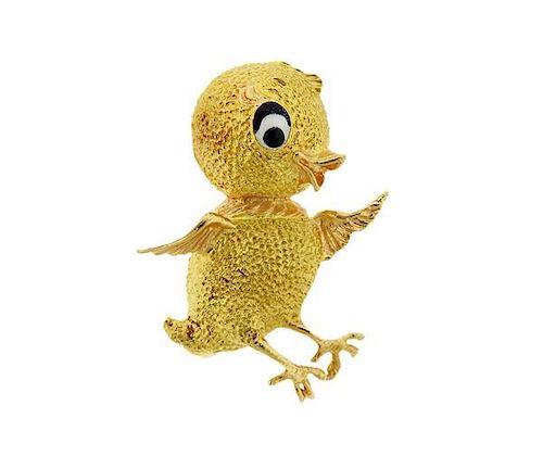 18K Gold Enamel Bird Brooch Pin