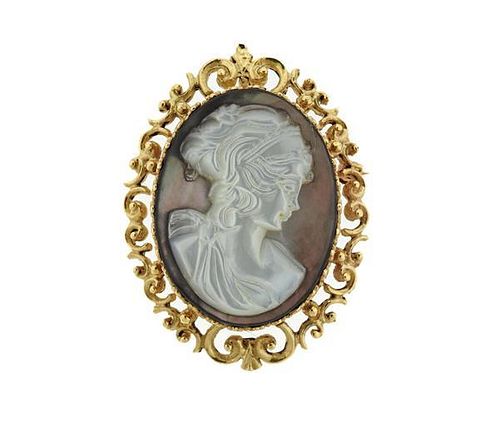 14K Gold Carved Mother of Pearl Cameo Brooch Pendant