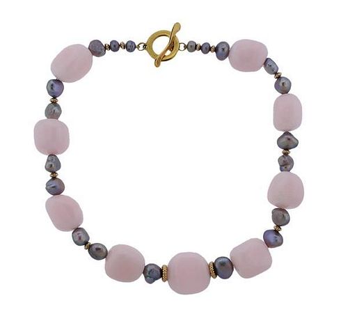 14k Gold Pearl Pink Gemstone Toggle Necklace