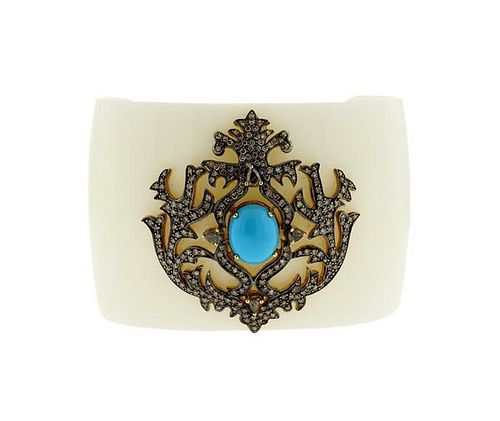 14k Gold White Stone Diamond Turquoise Cuff Bracelet