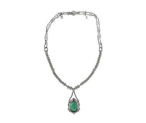 Platinum Diamond Carved Emerald Necklace