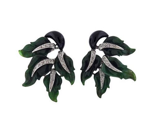 18k Gold Green Black Stone Diamond Earrings