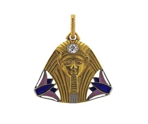 Art Deco Egyptian 20k Gold Platinum Enamel Pendant