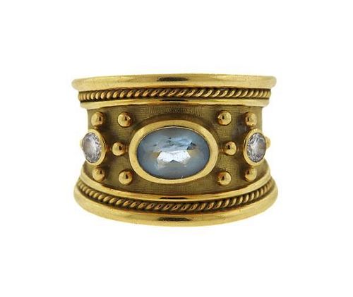 Elizabeth Gage 18K Gold Diamond Blue Stone Ring