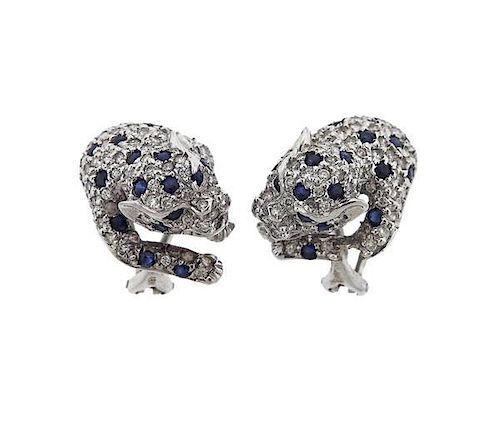 18K Gold Diamond Blue Stone Leopard Earrings