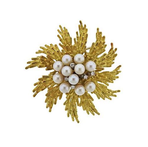 Tiffany &amp; Co 18K Gold Diamond Pearl Brooch Pin