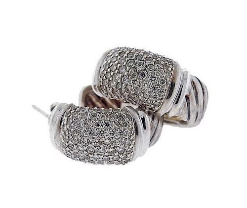 David Yurman 18K Gold Sterling Diamond Hoop Earrings