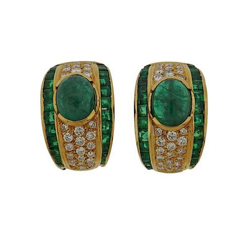 18K Gold Diamond Emerald Half Hoop Earrings