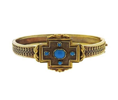 Continental 14K Gold Blue Stone Bangle Bracelet