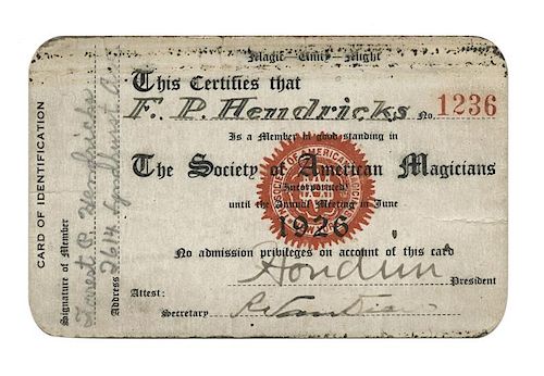 S.A.M. Membership Card Signed by Houdini, as President.