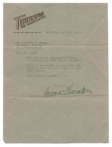 Thurston, Howard. Typed Letter Signed to Bernard Zass.