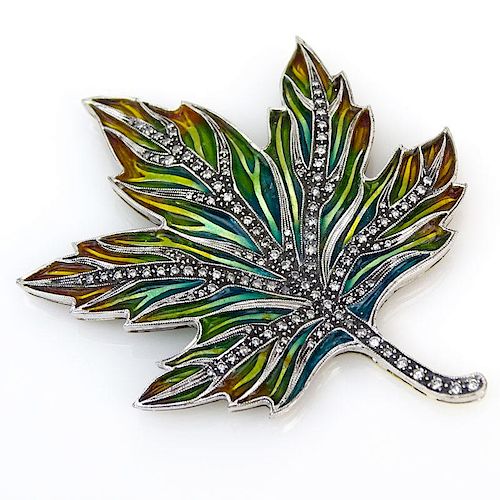 Approx. 1.10 Carat Pave Set Diamond, Enamel and 18 Karat White and Yellow Gold Maple Leaf Brooch.