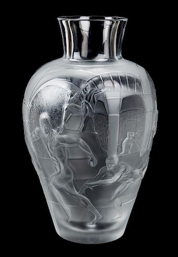 A Lalique Molded and Frosted Glass Vase, Height 20 1/4 inches.