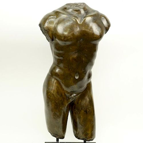 Contemporary Bronze Sculpture of a Male Torso on Fitted Wooden Base.