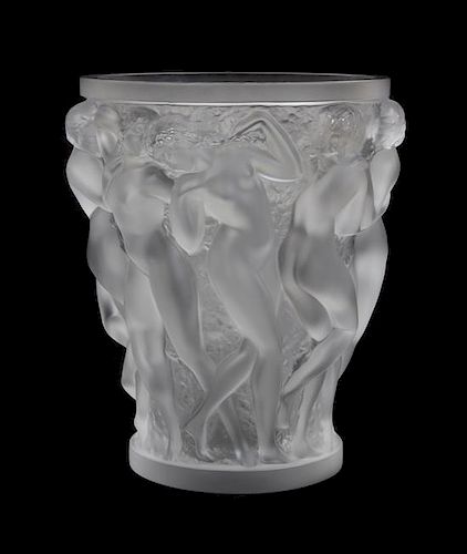 A Lalique Molded and Frosted Glass Vase, Height 9 5/8 inches.