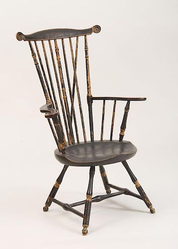 AMERICAN WINDSOR BLACK AND GOLD-PAINTED FAN-BACK ARMCHAIR