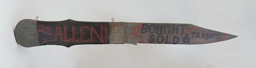 PAINTED WOOD POCKET KNIFE-FORM TRADE SIGN, 'THMS. ALLEN BOUGHT SOLD & TRADED'