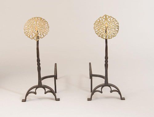 PAIR OF ENGLISH ARTS AND CRAFTS BRASS AND IRON ANDIRONS