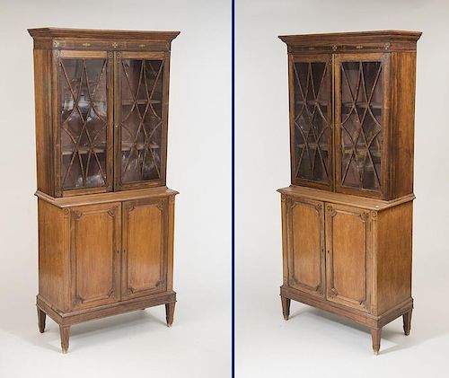 PAIR OF REGENCY STYLE BRASS-INLAID MAHOGANY BOOKCASE CABINETS