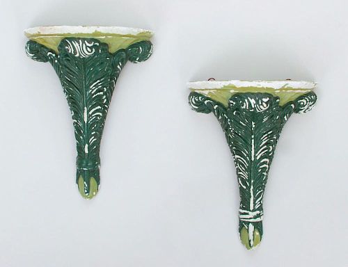 PAIR OF PAINTED PLASTER 'PRINCE OF WALES PLUMES' WALL BRACKETS