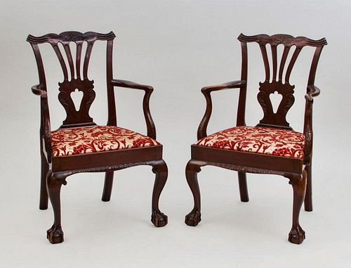 PAIR OF GEORGE III STYLE CARVED MAHOGANY ARMCHAIRS