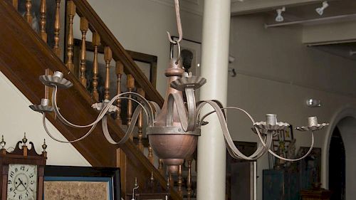 COLONIAL STYLE WALNUT AND COPPER EIGHT-LIGHT CANDELIER