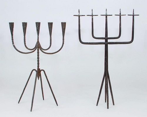 WROUGHT-IRON FIVE-LIGHT CANDELABRUM AND A FIVE-LIGHT PRICKET CANDELABRUM