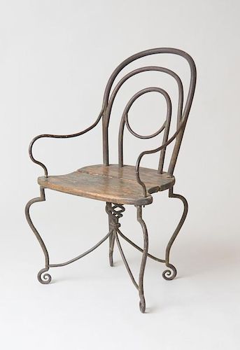 AMERICAN WROUGHT-IRON ARMCHAIR WITH WOOD SEAT