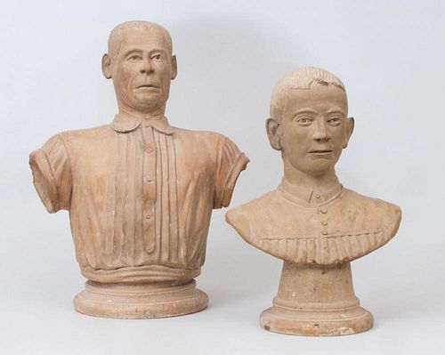 TWO TERRACOTTA BUSTS, A FATHER AND A SON