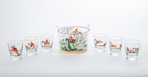 SET OF SIX CYRIL GORAINOFF GLASS TUMBLERS AND A SIMILARLY DECORATED ICE BUCKET