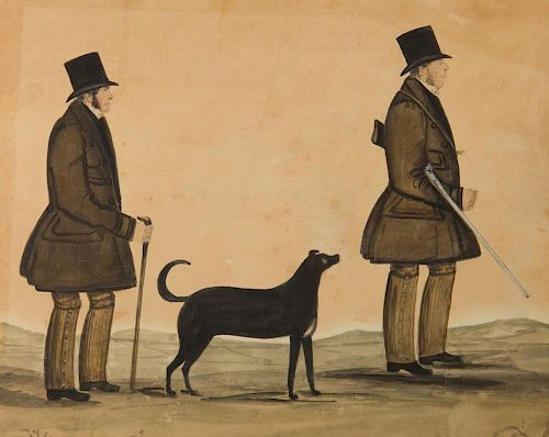 ENGLISH SCHOOL: TWO MEN WITH RIFLE AND DOG; GENTLEMAN WITH DOCUMENT; AND TWO BROTHERS