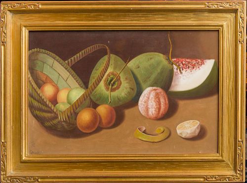 AMERICAN SCHOOL: STILL LIFE WITH FRUIT AND BASKET