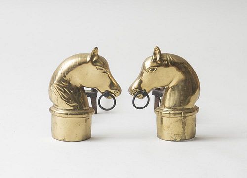 PAIR OF BRASS ANDIRONS, IN THE FORM OF HITCHING POST TOPPERS