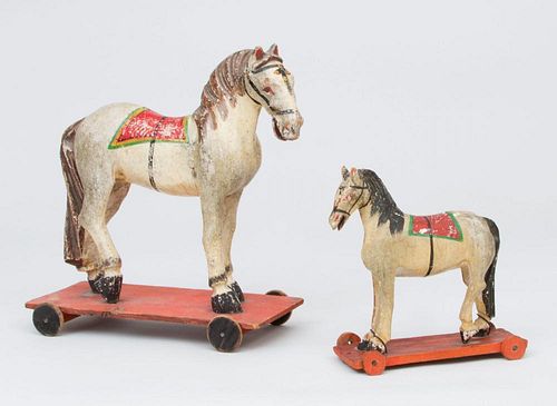 TWO AMERICAN PAINTED WOOD HORSE-FORM PULL TOYS