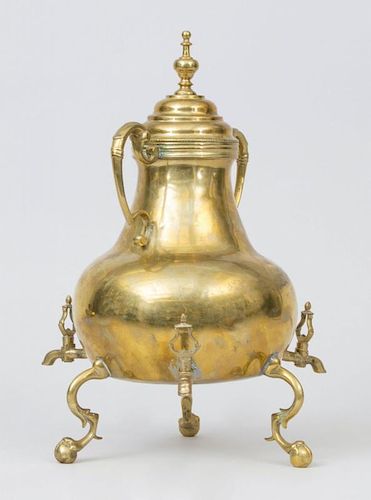 TRIPOD BRASS URN AND COVER WITH THREE SPOUTS